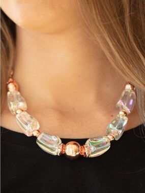 NWT Paparazzi Iridescently Ice Queen Copper Oil Spill Necklace & Earrings Set